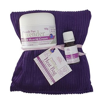 Arthritis essentials, small. Lavender heat bag, arthritis cream and lavender essential oil.